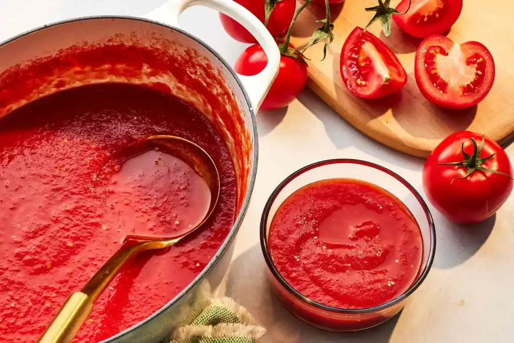 رازهای نگهداری طولانیمدت رب گوجه فرنگی 7 یک ظرف حاوی رب گوجه فرنگی خانگی و تعدادی گوجه در اطراف آن
