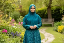 خانم اهل افغانستان با مانتو سبز و حجاب اسلامی در یک باغ رو به دوربین ایستاده است.