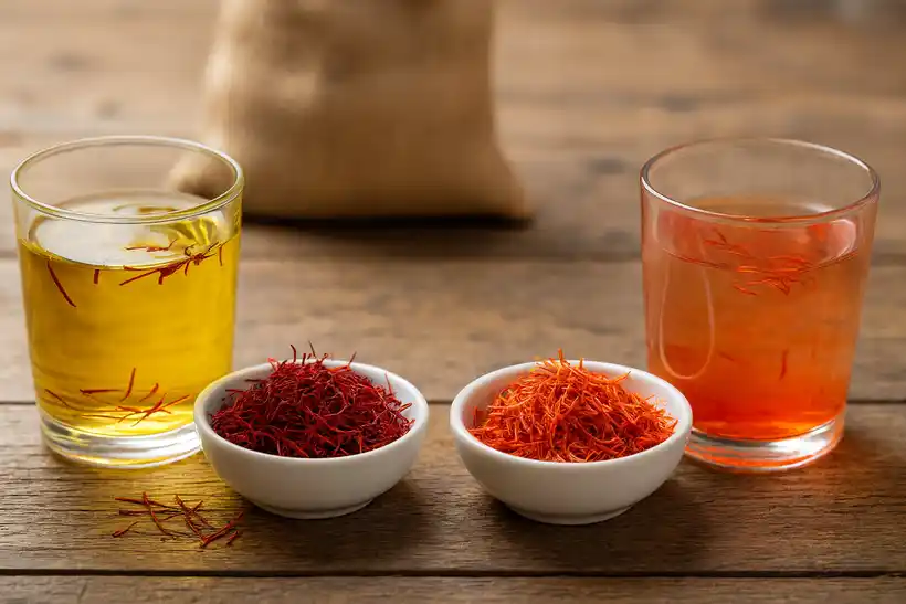 مقایسه کامل زعفران افغانستان و ایران؛ کدام بهتر است؟ 6 دو لیوان حاوی زعفران اصل و تقلبی کنار یکدیگر