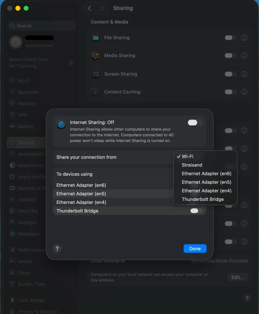اتصال انترنت لپتاپ به موبایل از طریق وای فای؛ آموزش گامبهگام 12 اسکرین شات از صفحه لپتاپ مک؛ بخش جنرال