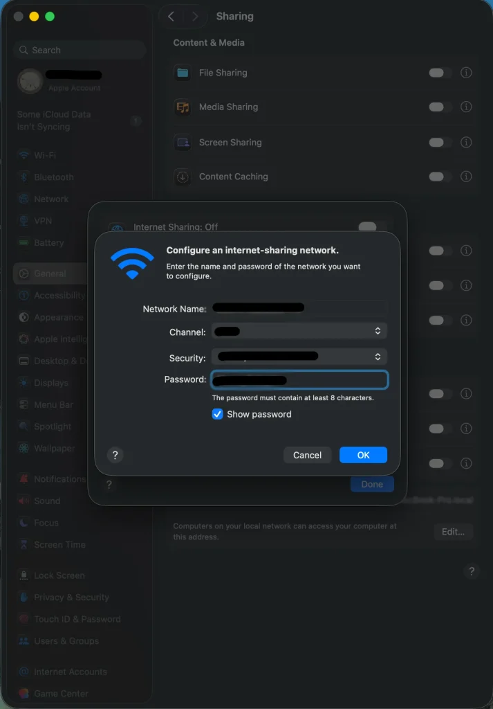 اتصال انترنت لپتاپ به موبایل از طریق وای فای؛ آموزش گامبهگام 13 اسکرین شات از صفحه لپتاپ مک؛ بخش configure an internet-sharing network