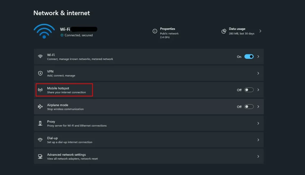 اتصال انترنت لپتاپ به موبایل از طریق وای فای؛ آموزش گامبهگام 3 اسکرینشات از ویندوز؛ بخش mobile hotspot