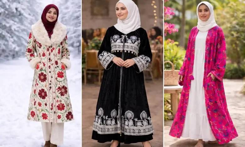 چپن های شیک دخترانه؛ از استایل روزمره تا موقعیتهای رسمی 1 سه مدل چپن زنانه در رنگهای مختلف بر تن مدلهای باحجاب
